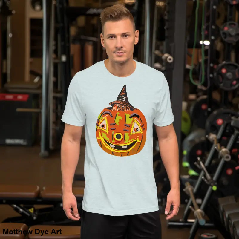Comfortable cotton pumpkin witch unisex tee for Halloween featuring a festive design