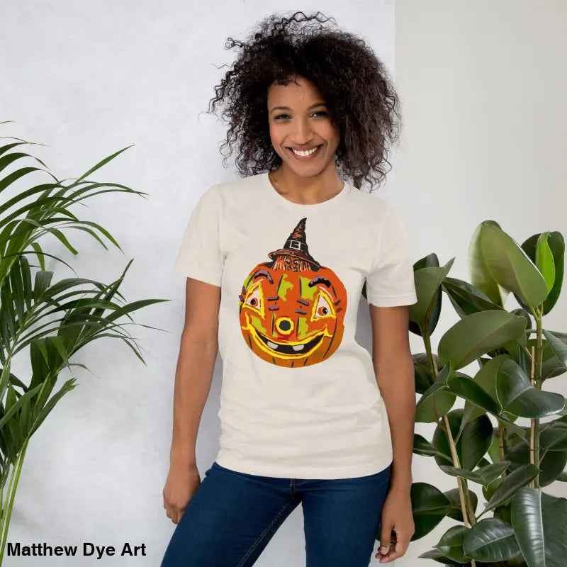 Comfortable cotton pumpkin witch unisex tee featuring Halloween pumpkin design
