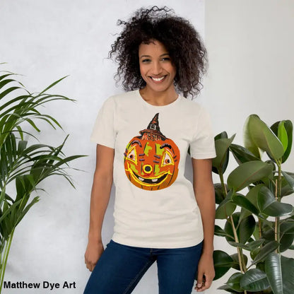 Comfortable cotton pumpkin witch unisex tee featuring Halloween pumpkin design
