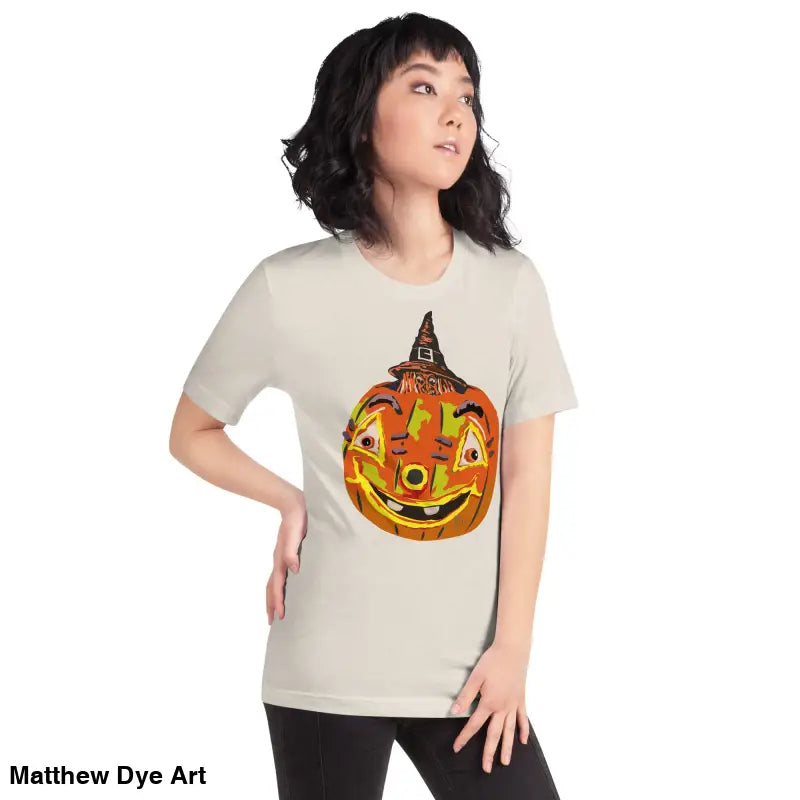 Comfortable cotton pumpkin witch unisex tee featuring a whimsical pumpkin graphic
