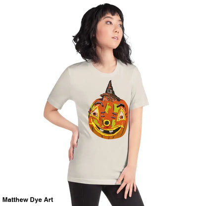 Comfortable cotton pumpkin witch unisex tee featuring a whimsical pumpkin graphic