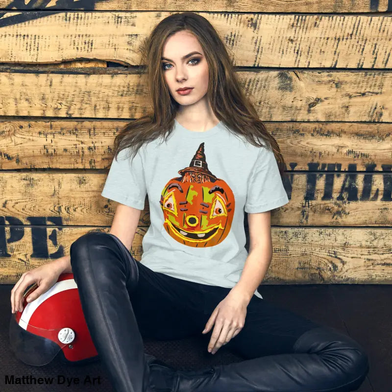 Comfortable cotton pumpkin witch unisex tee featuring Halloween pumpkin design