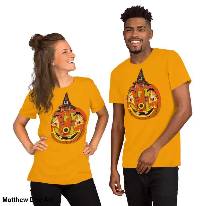 Matching Halloween-themed t-shirts featuring the comfortable cotton Pumpkin Witch unisex tee