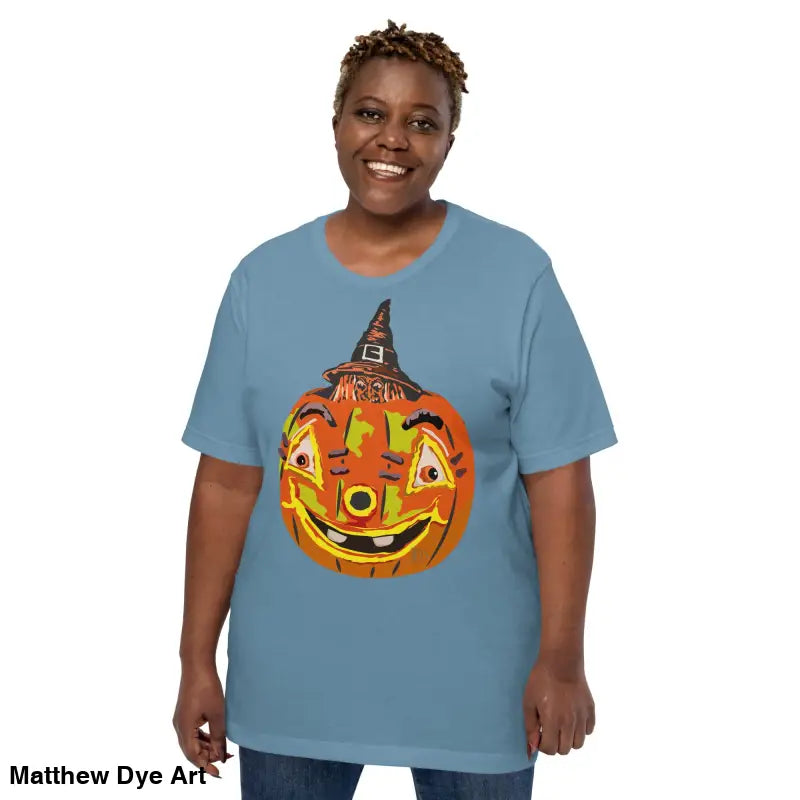 Comfortable cotton pumpkin witch unisex tee featuring Halloween-themed art design