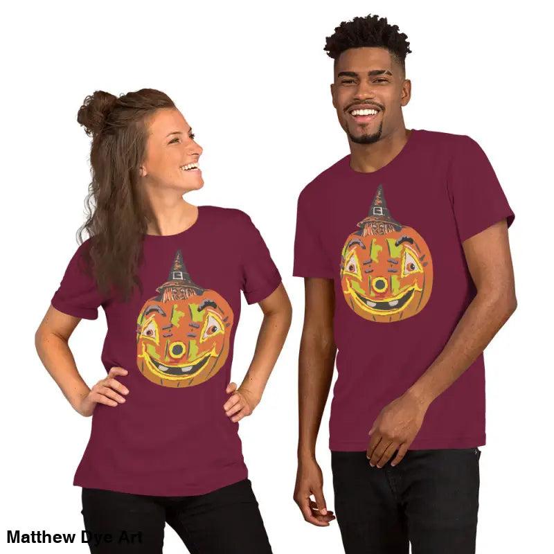 Matching Halloween-themed t-shirts featuring the comfortable cotton Pumpkin Witch design
