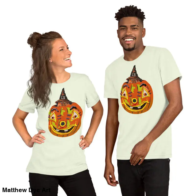 Matching Halloween-themed t-shirts featuring a comfortable cotton Pumpkin Witch design