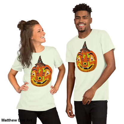 Matching Halloween-themed t-shirts featuring a comfortable cotton Pumpkin Witch design