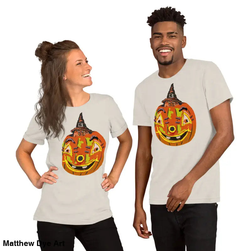 Two people wearing a comfortable cotton pumpkin witch unisex tee for Halloween