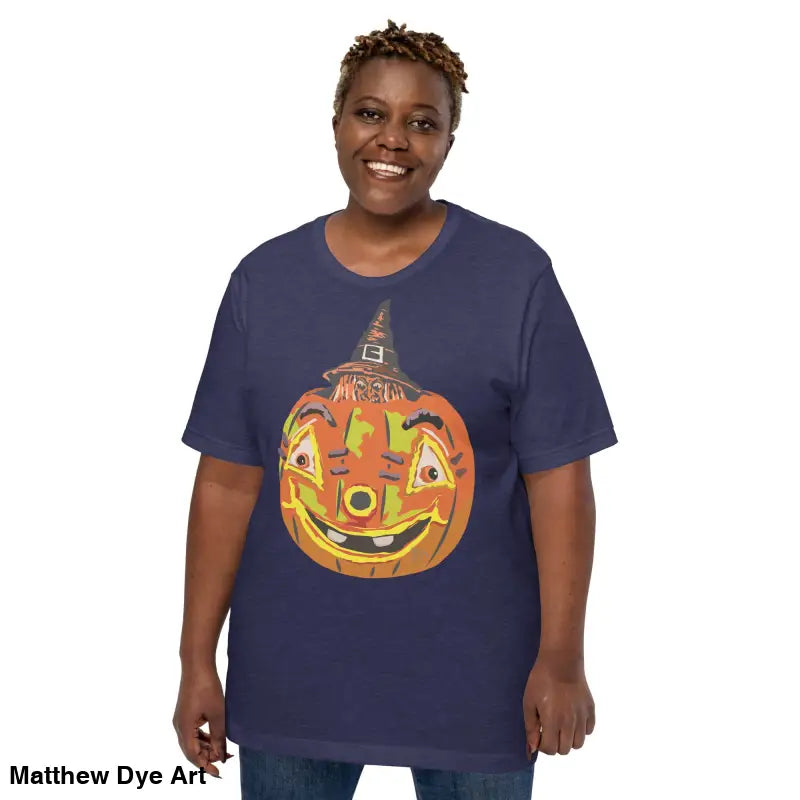 Woman wearing a comfortable cotton pumpkin witch unisex tee for Halloween festivities
