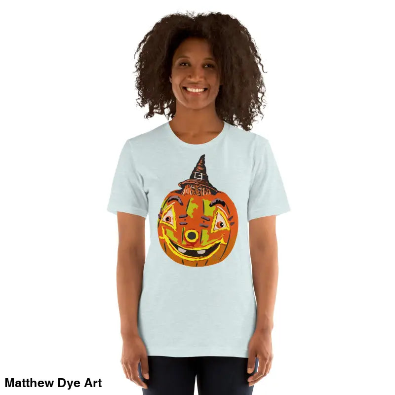 Woman showcasing a comfortable cotton Pumpkin Witch unisex Halloween t-shirt