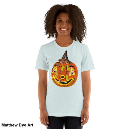 Woman showcasing a comfortable cotton Pumpkin Witch unisex Halloween t-shirt