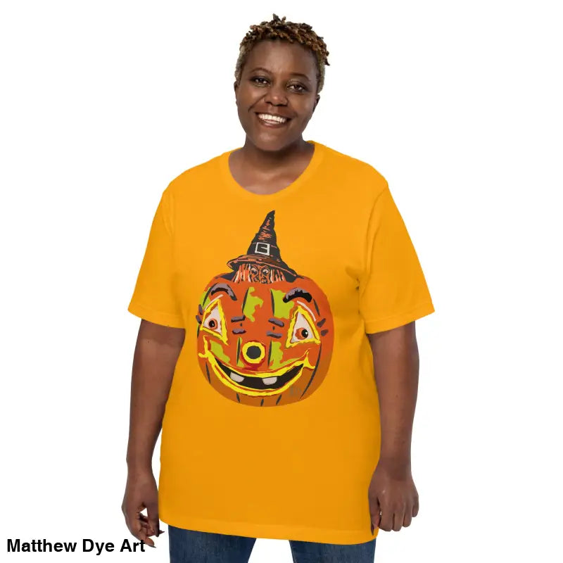 Comfortable cotton pumpkin witch unisex tee in vibrant orange for Halloween celebrations