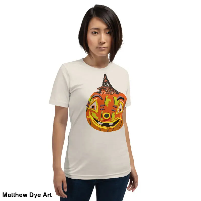 Woman’s comfortable cotton Pumpkin Witch Halloween t-shirt featuring a pumpkin graphic