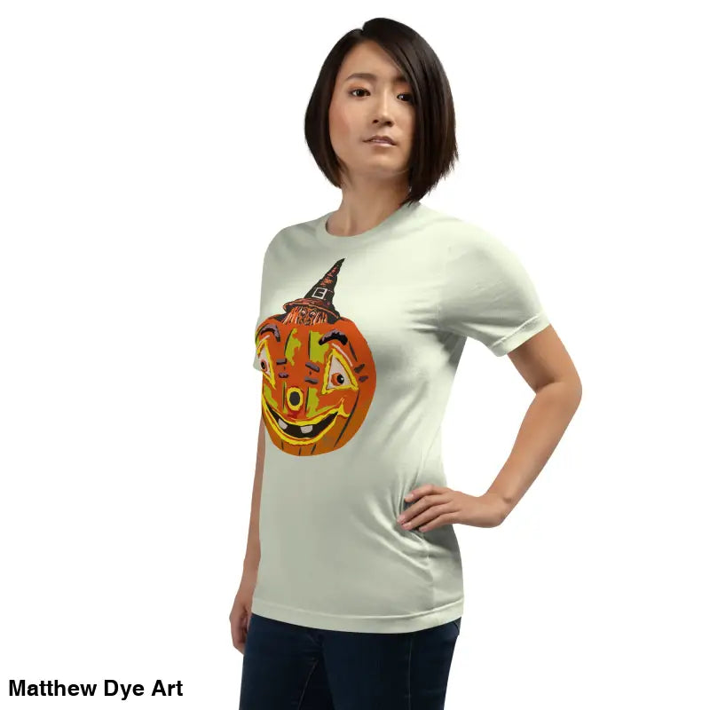 Comfortable cotton pumpkin witch unisex tee featuring a festive pumpkin graphic