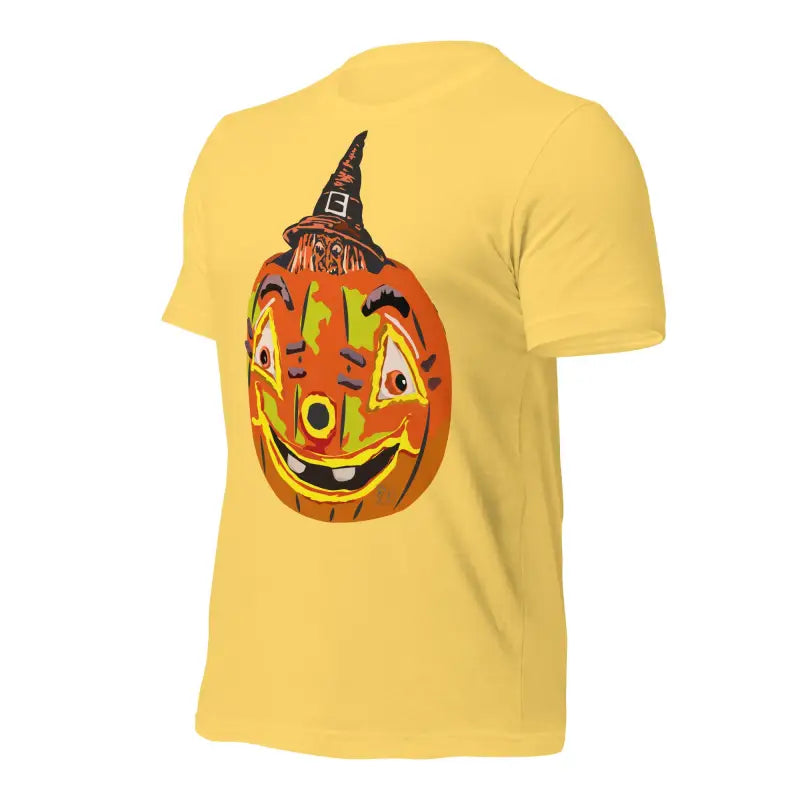 Yellow Halloween t-shirt featuring a smiling jack-o’-lantern in a witch hat design