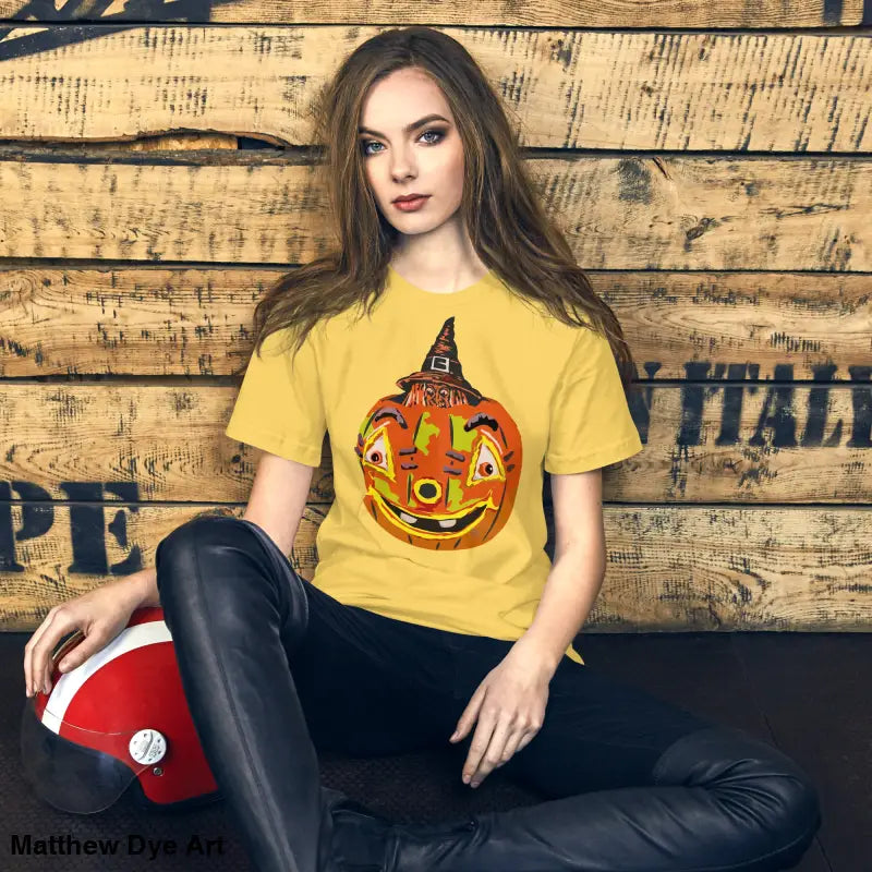 Yellow Halloween t-shirt featuring a Pumpkin Witch design on a comfortable cotton unisex tee