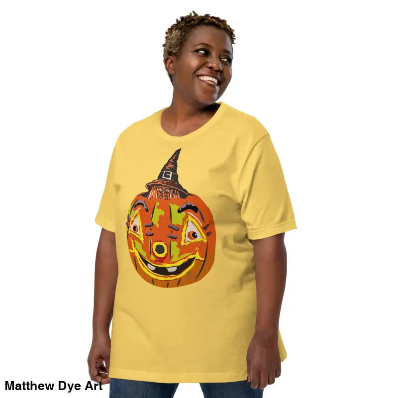 Yellow Halloween t-shirt featuring pumpkin witch graphic, a comfortable cotton unisex tee