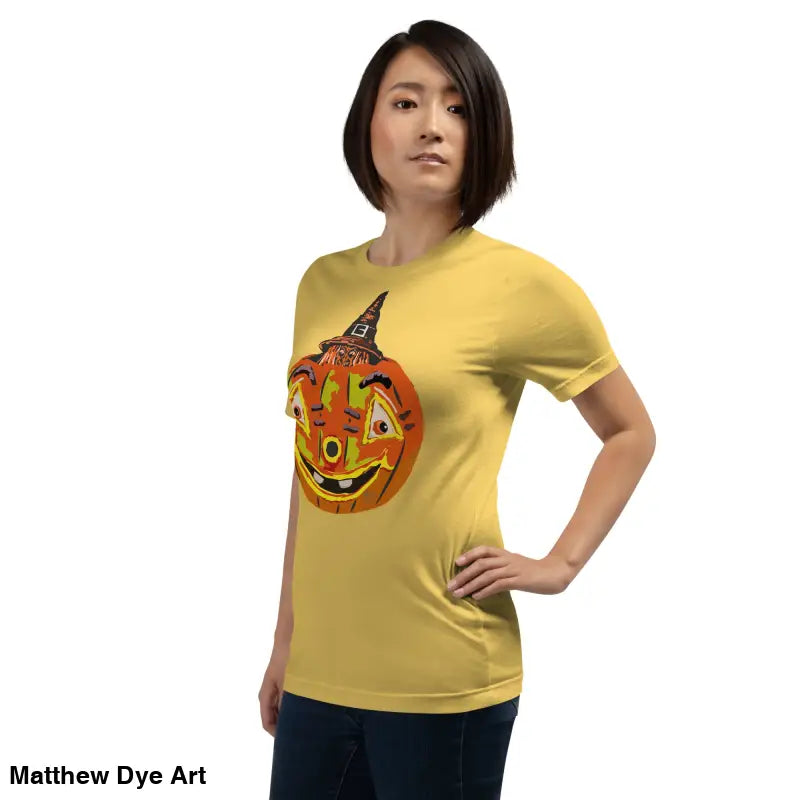 Yellow Halloween t-shirt featuring a pumpkin witch graphic for festive style