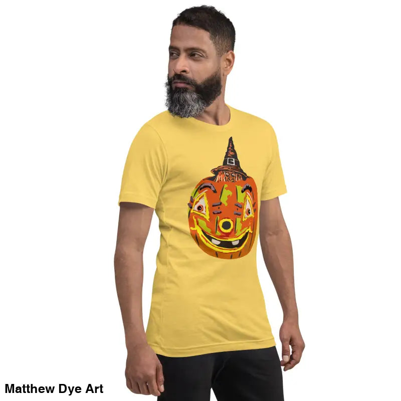 Yellow t-shirt featuring pumpkin graphic, ideal for Halloween as a comfortable cotton pumpkin witch unisex tee