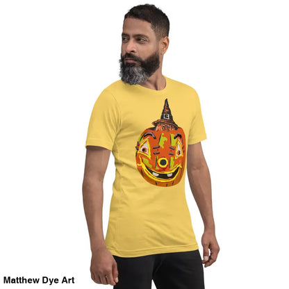 Yellow t-shirt featuring pumpkin graphic, ideal for Halloween as a comfortable cotton pumpkin witch unisex tee