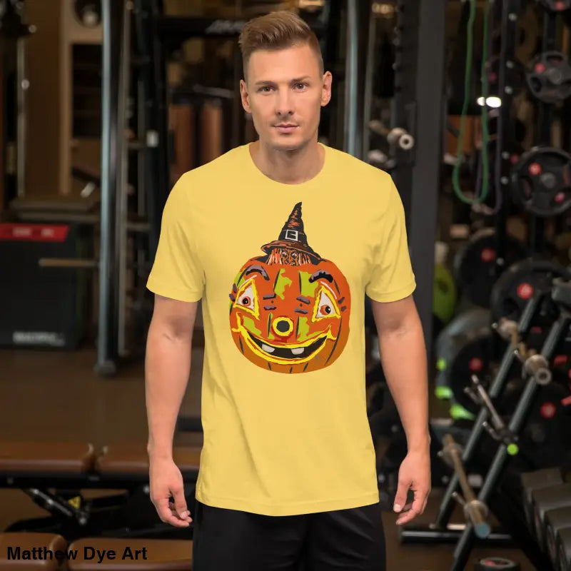 Yellow t-shirt featuring pumpkin graphic for comfortable cotton Pumpkin Witch unisex tee