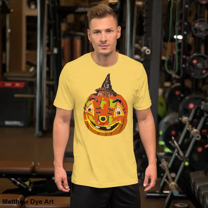 Yellow t-shirt featuring pumpkin graphic for comfortable cotton Pumpkin Witch unisex tee