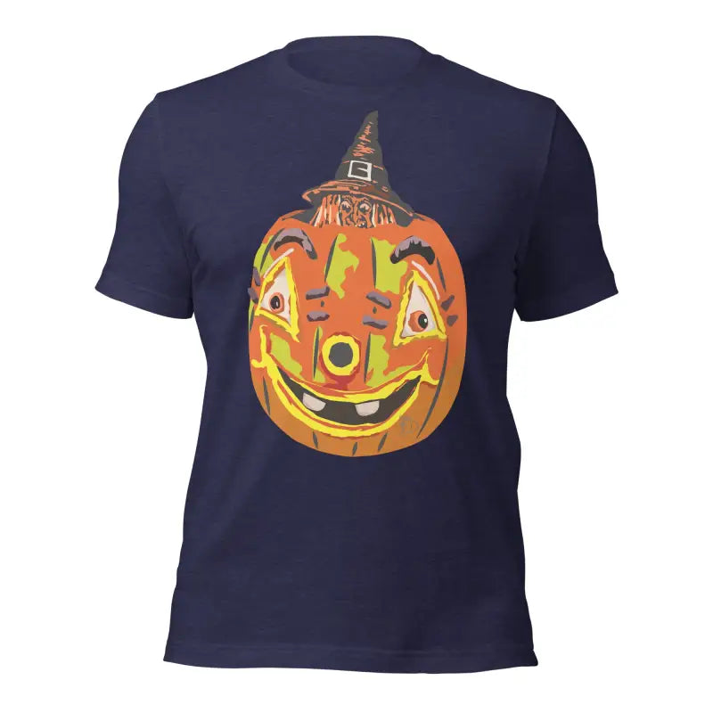 Navy blue Halloween t-shirt featuring a smiling pumpkin witch design on comfortable cotton