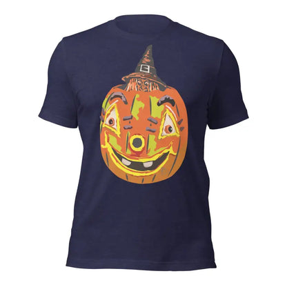 Navy blue Halloween t-shirt featuring a smiling pumpkin witch design on comfortable cotton