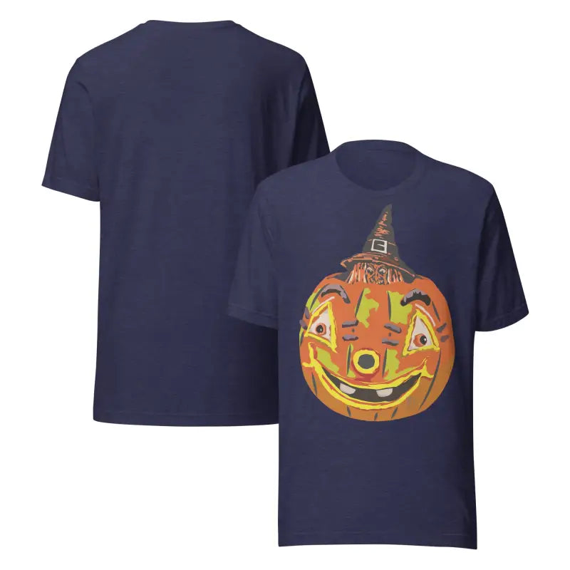 Navy Halloween t-shirt featuring a pumpkin witch graphic on a comfortable cotton unisex tee