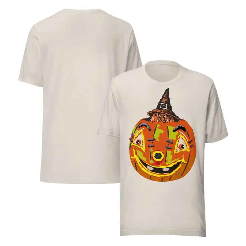 Two beige pumpkin witch Halloween t-shirts, one featuring a pumpkin design