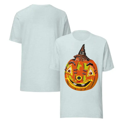 Light blue comfortable cotton pumpkin witch unisex tee with pumpkin graphic for Halloween