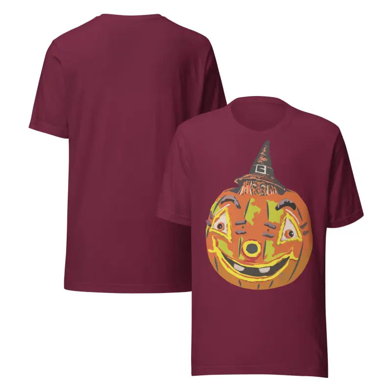 Maroon Halloween t-shirt featuring pumpkin witch graphic on comfortable cotton unisex tee