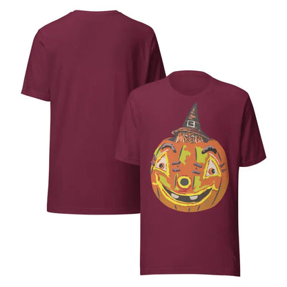 Maroon Halloween t-shirt featuring pumpkin witch graphic on comfortable cotton unisex tee