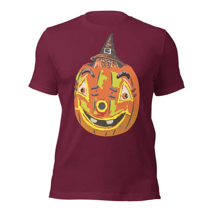 Burgundy Halloween t-shirt featuring a smiling pumpkin witch in a whimsical design