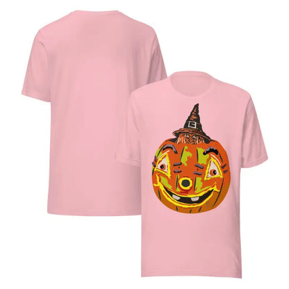 Pink t-shirt featuring pumpkin graphic from the comfortable cotton Pumpkin Witch unisex tee