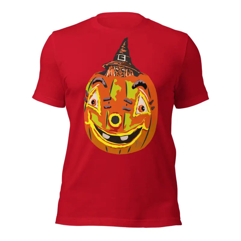 Red Halloween t-shirt featuring a smiling pumpkin witch in a hat on comfortable cotton