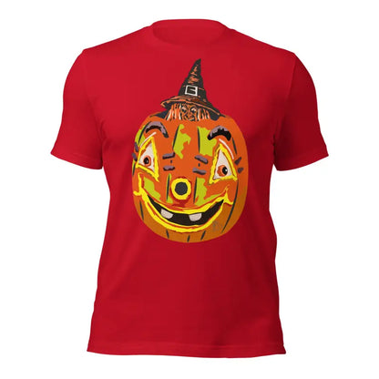 Red Halloween t-shirt featuring a smiling pumpkin witch in a hat on comfortable cotton