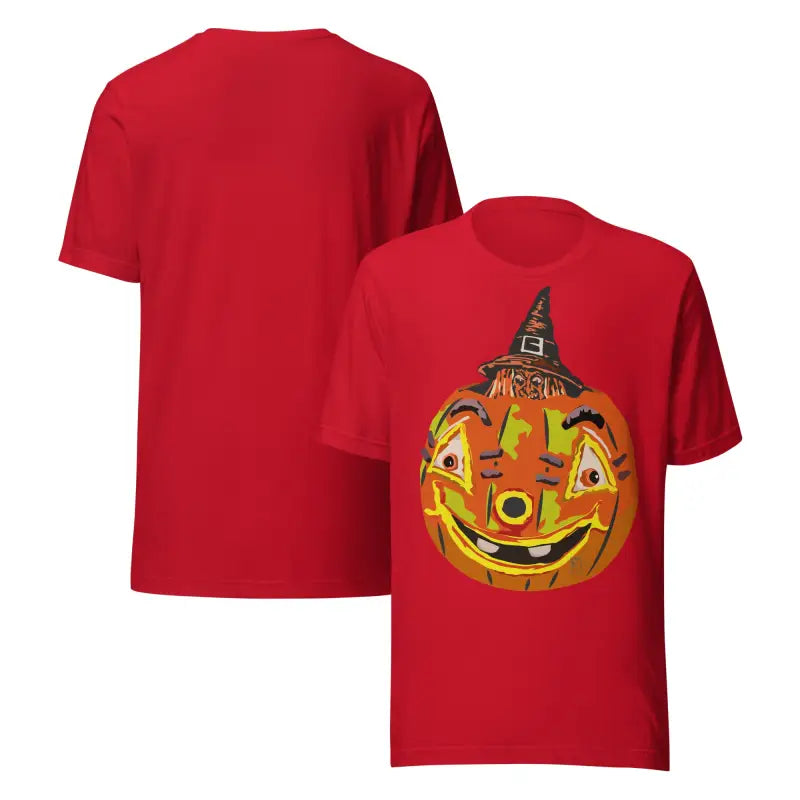 Red t-shirts featuring a pumpkin graphic from the Pumpkin Witch Mischief Halloween tee