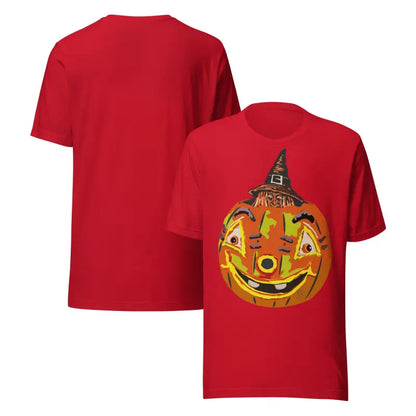 Red t-shirts featuring a pumpkin graphic from the Pumpkin Witch Mischief Halloween tee
