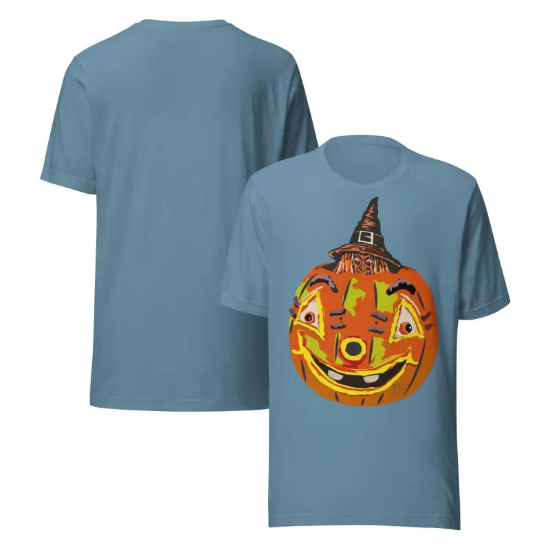 Blue t-shirts featuring a pumpkin graphic from the Comfortable Cotton Pumpkin Witch unisex tee