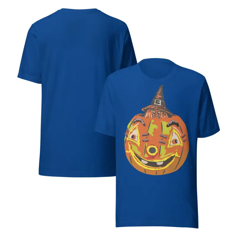 Blue comfortable cotton pumpkin witch unisex tee featuring a festive pumpkin graphic