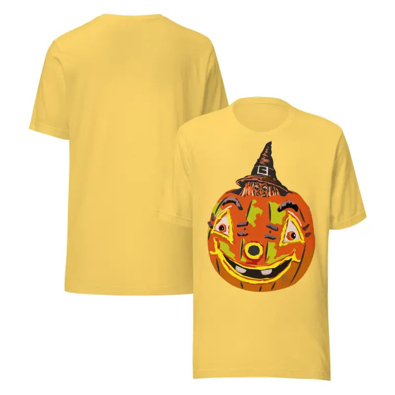Yellow t-shirts featuring a pumpkin witch graphic from the comfortable cotton Halloween t-shirt