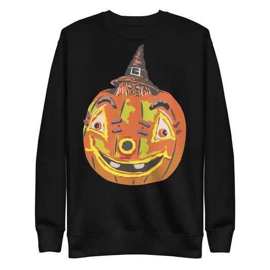 Black sweatshirt with vintage smiling jack-o-lantern for a cute Halloween collection