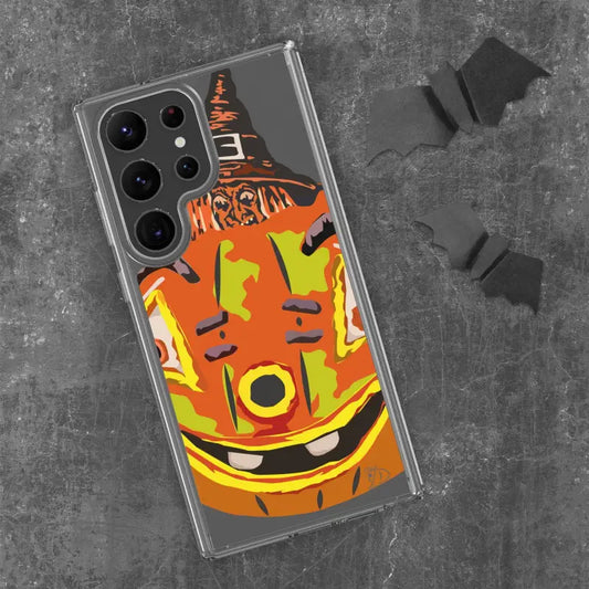 Clear case for Samsung Galaxy featuring an enchanting pumpkin witch design