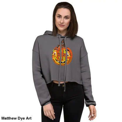 Gray cropped hoodie featuring an Enchanted Pumpkin Witch graphic for Halloween