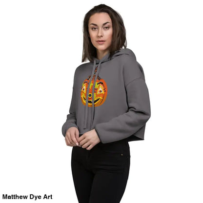 Gray cropped hoodie featuring an enchanted pumpkin witch graphic for Halloween