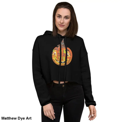 Black cropped hoodie featuring an Enchanted Pumpkin Witch design for Halloween