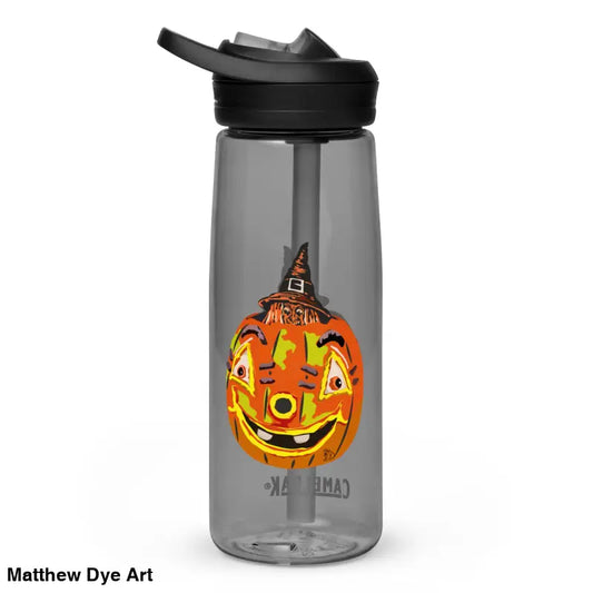 Gray water bottle featuring pumpkin design, perfect for Pumpkin Witch Sports enthusiasts