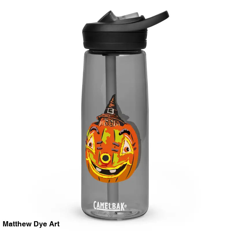 Gray water bottle featuring Matthew Dye art design of a pumpkin witch sports theme