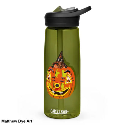 Green Pumpkin Witch Sports water bottle featuring Matthew Dye art for festive hydration